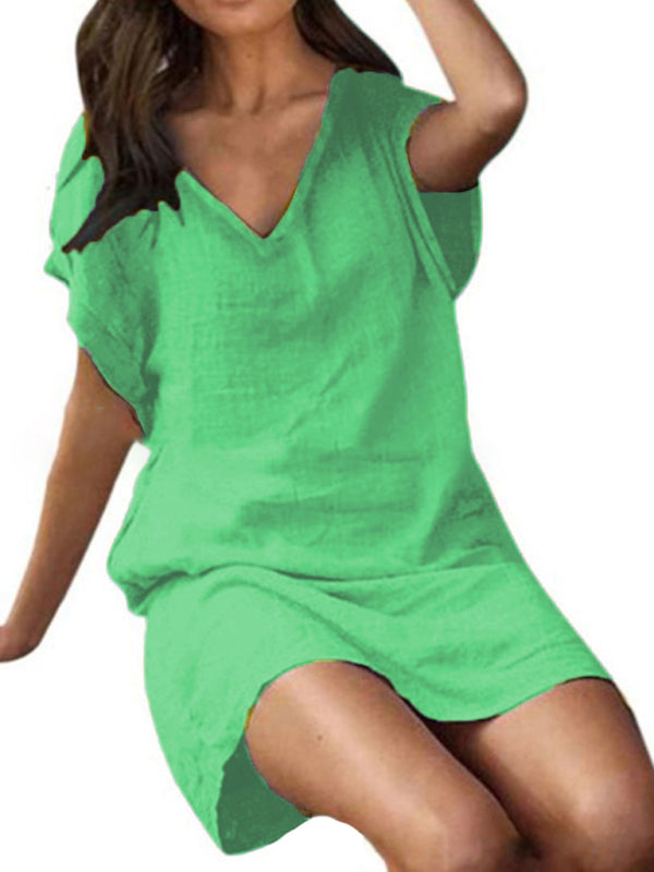 Cotton-Linen Loose V-Neck Midi Dress – Lightweight, Short Sleeves, Solid Colors