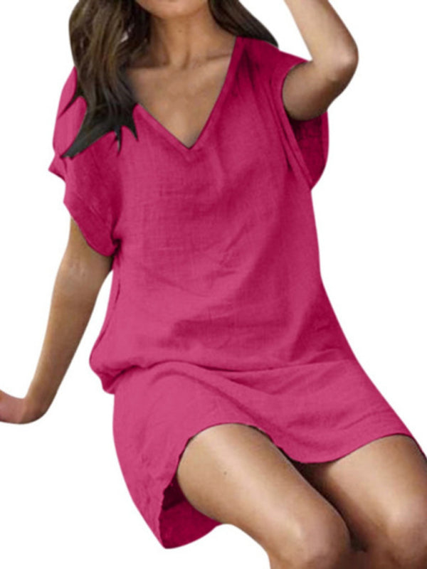Cotton-Linen Loose V-Neck Midi Dress – Lightweight, Short Sleeves, Solid Colors