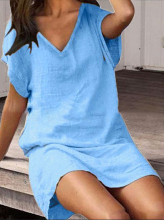 Cotton-Linen Loose V-Neck Midi Dress – Lightweight, Short Sleeves, Solid Colors
