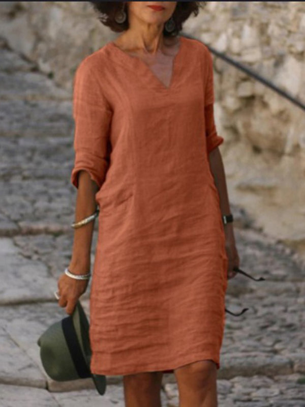 Slim Fit V-Neck Cotton Linen Midi Dress – Mid Sleeves, Solid Color