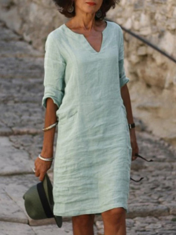Slim Fit V-Neck Cotton Linen Midi Dress – Mid Sleeves, Solid Color