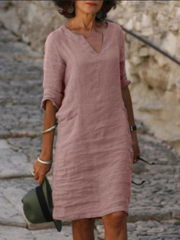 Slim Fit V-Neck Cotton Linen Midi Dress – Mid Sleeves, Solid Color