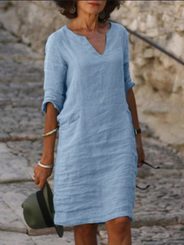 Slim Fit V-Neck Cotton Linen Midi Dress – Mid Sleeves, Solid Color