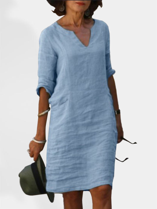 Slim Fit V-Neck Cotton Linen Midi Dress – Mid Sleeves, Solid Color