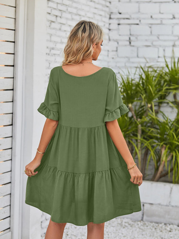 Babydoll Summer Pleated Midi Dress – Sleeveless V-Neck with Pockets