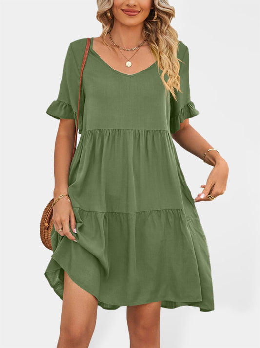 Babydoll Summer Pleated Midi Dress – Sleeveless V-Neck with Pockets