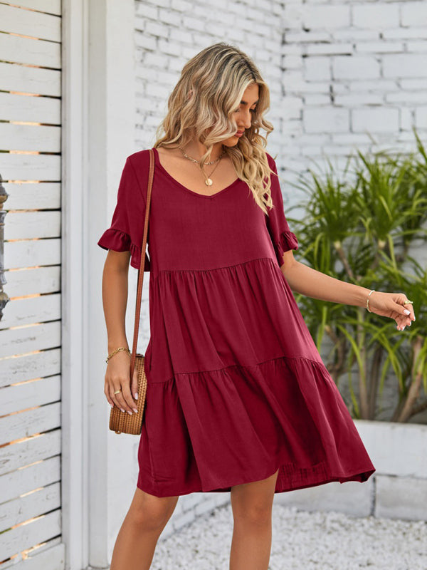 Babydoll Summer Pleated Midi Dress – Sleeveless V-Neck with Pockets