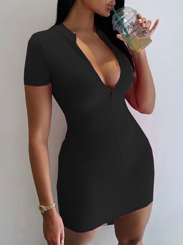 Women's Knitted Half-Zip Short Sleeve Dress – Lightweight & Casual Fit