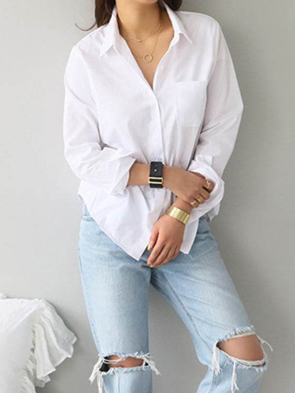 White Slim Fit Lapel Shirt for Women
