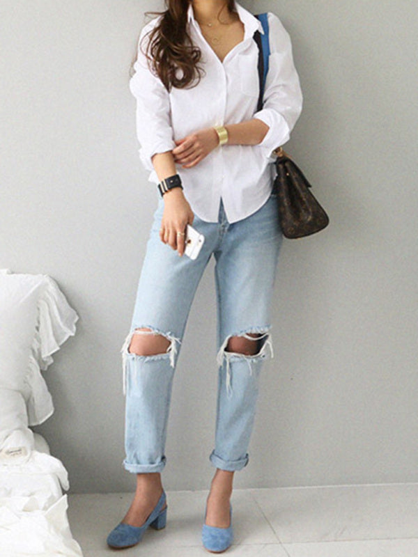 White Slim Fit Lapel Shirt for Women
