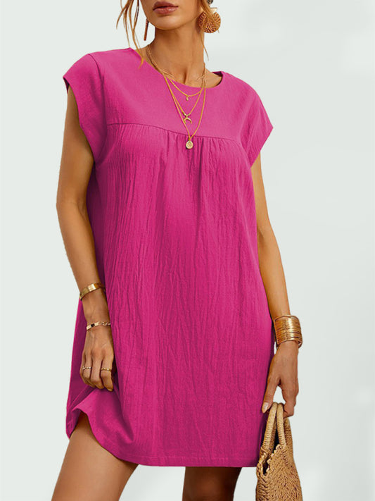Sleeveless Cotton Linen Dress – Woven Round Neck Sundress for Women