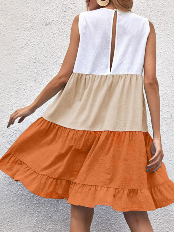 Ruffled Contrast Sleeveless Vest Dress – Casual Loose Fit in Orange