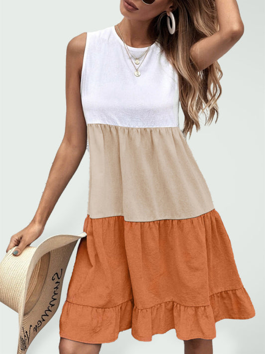 Ruffled Contrast Sleeveless Vest Dress – Casual Loose Fit in Orange