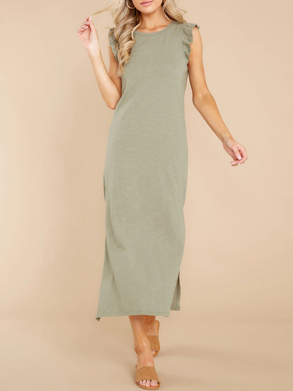 Sleeveless Knit A-Line Midi Dress – Soft Polyester & Round Neck
