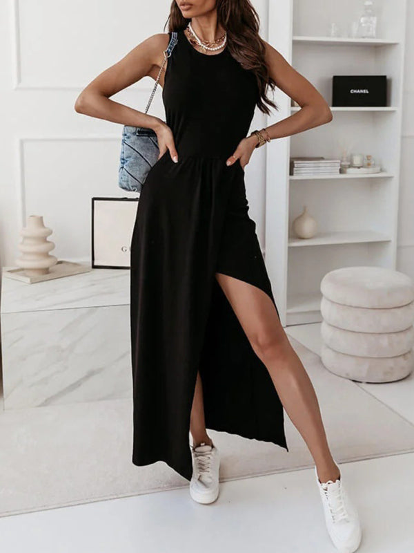 Sleeveless Knit Long Slit Dress – Lightweight, Draped Fit for Spring & Summer