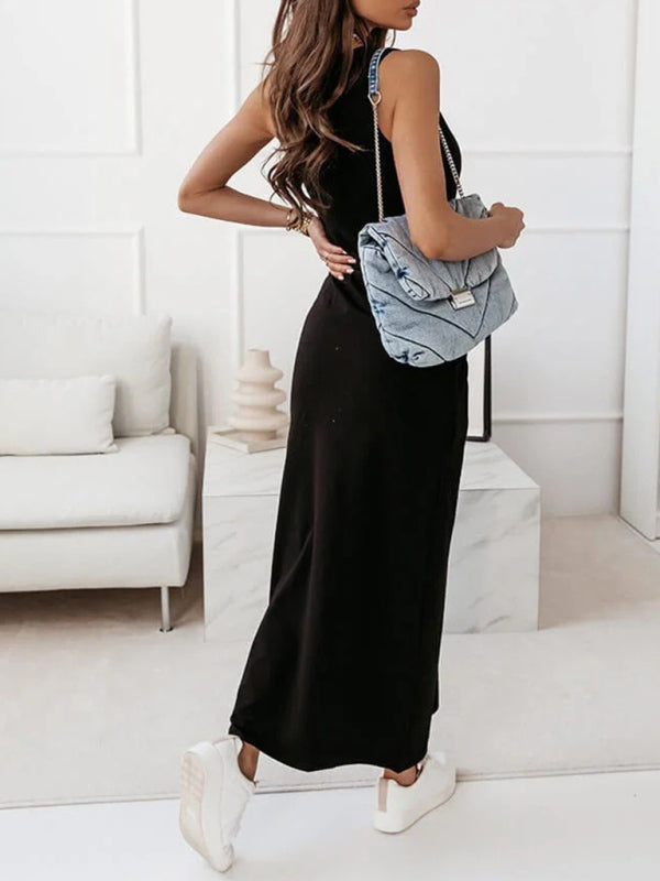 Sleeveless Knit Long Slit Dress – Lightweight, Draped Fit for Spring & Summer
