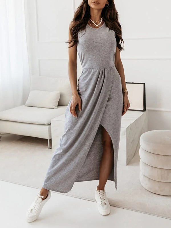 Sleeveless Knit Long Slit Dress – Lightweight, Draped Fit for Spring & Summer