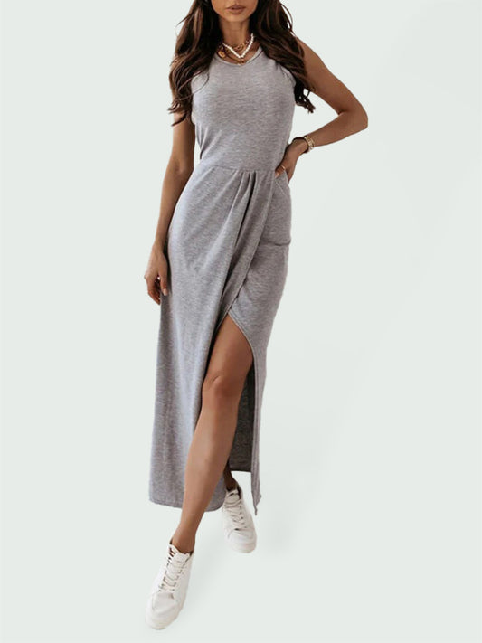 Sleeveless Knit Long Slit Dress – Lightweight, Draped Fit for Spring & Summer