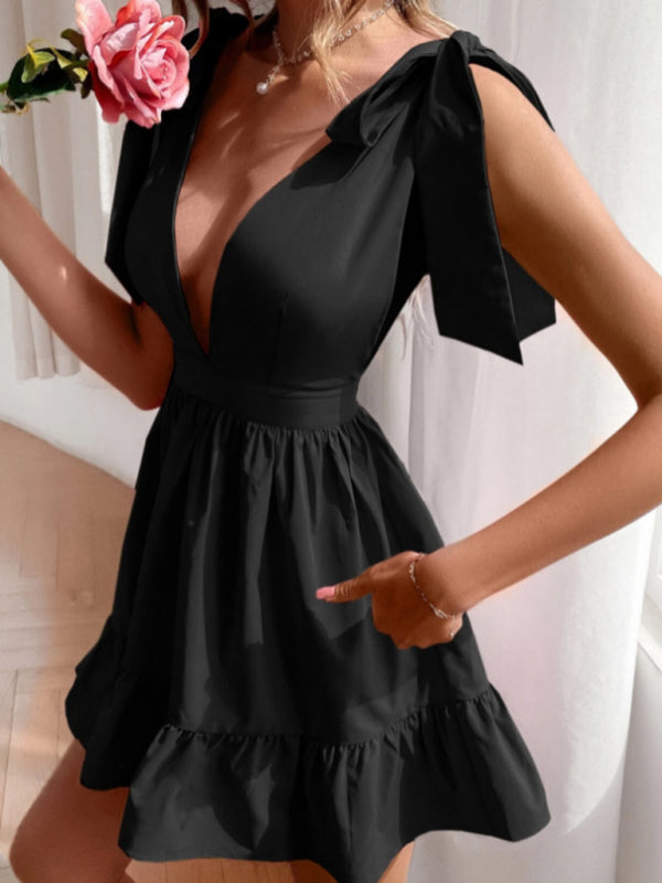 Strappy Shoulder V-Neck Mini Dress – Sleeveless Black with Ruffle Hem