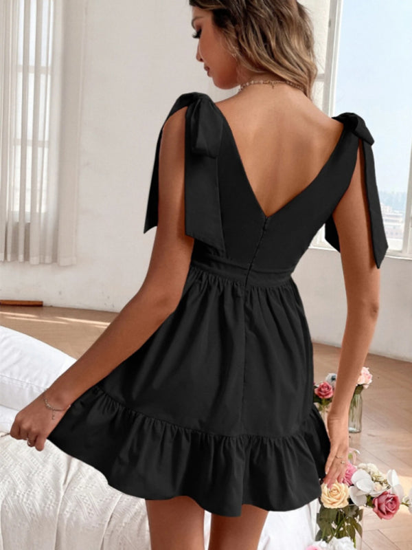 Strappy Shoulder V-Neck Mini Dress – Sleeveless Black with Ruffle Hem