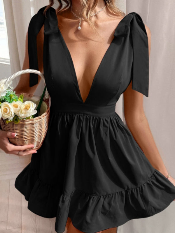 Strappy Shoulder V-Neck Mini Dress – Sleeveless Black with Ruffle Hem