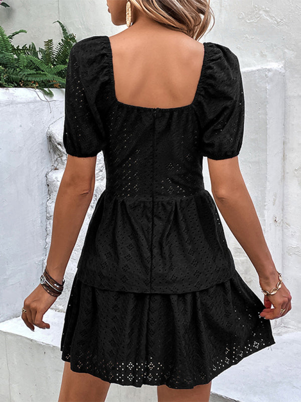 Retro Puff Sleeve Layered Cake Dress – Square Neck, Tunic Fit, Black