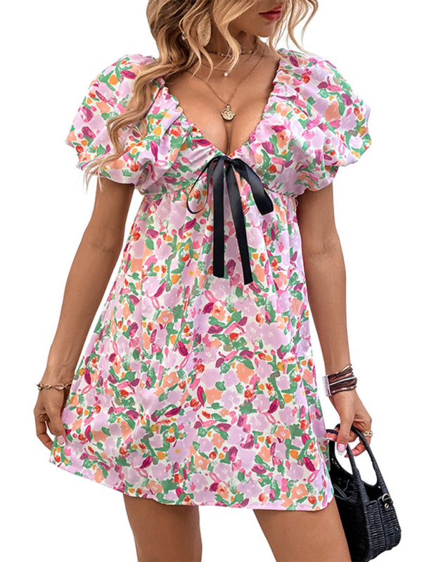 Deep V-Neck Floral Printed Mini Dress – Sleeveless Romantic Fairy Style