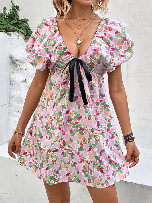 Deep V-Neck Floral Printed Mini Dress – Sleeveless Romantic Fairy Style