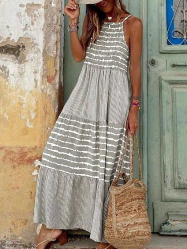 Sleeveless Swing Midi Dress – Women's Geometric Sling Neck Sundress