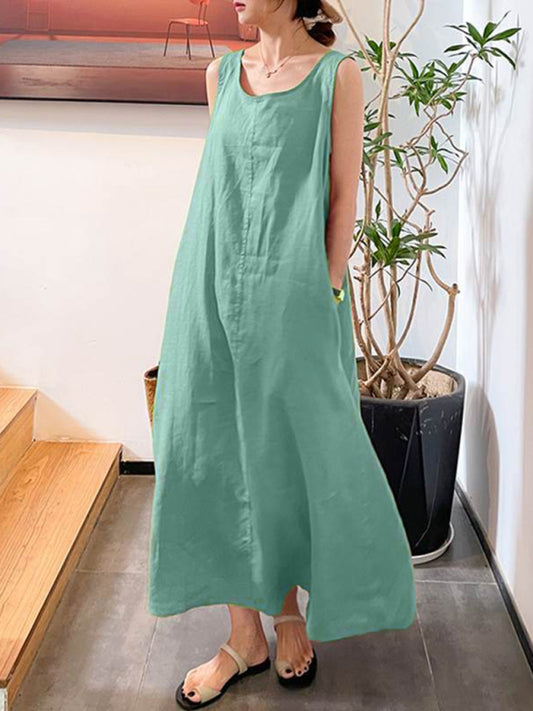 Cotton-Linen Sleeveless Midi Dress – Round Neck, Relaxed Fit, Solid Colors