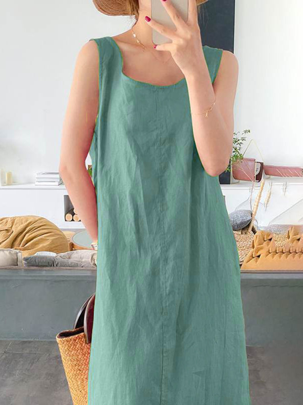 Cotton-Linen Sleeveless Midi Dress – Round Neck, Relaxed Fit, Solid Colors