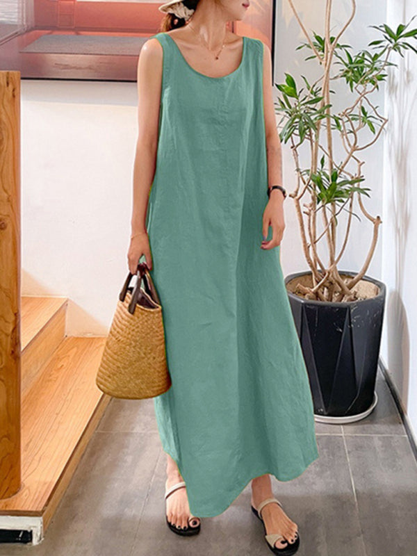 Cotton-Linen Sleeveless Midi Dress – Round Neck, Relaxed Fit, Solid Colors