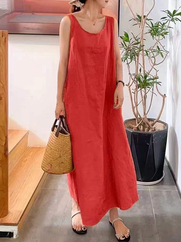 Cotton-Linen Sleeveless Midi Dress – Round Neck, Relaxed Fit, Solid Colors