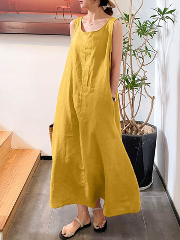 Cotton-Linen Sleeveless Midi Dress – Round Neck, Relaxed Fit, Solid Colors