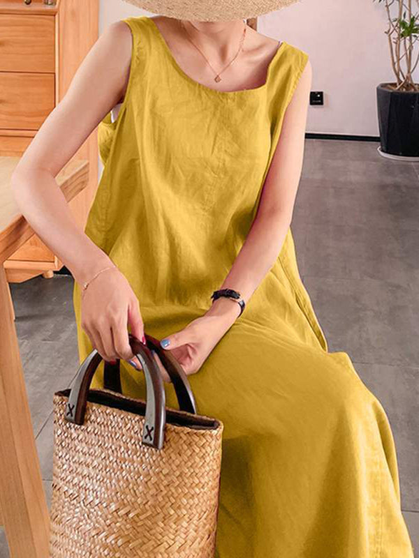 Cotton-Linen Sleeveless Midi Dress – Round Neck, Relaxed Fit, Solid Colors