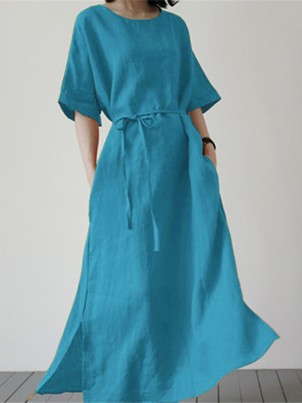 Cotton Linen Belted Midi Dress – Relaxed Fit, Side Slit & Short Sleeves
