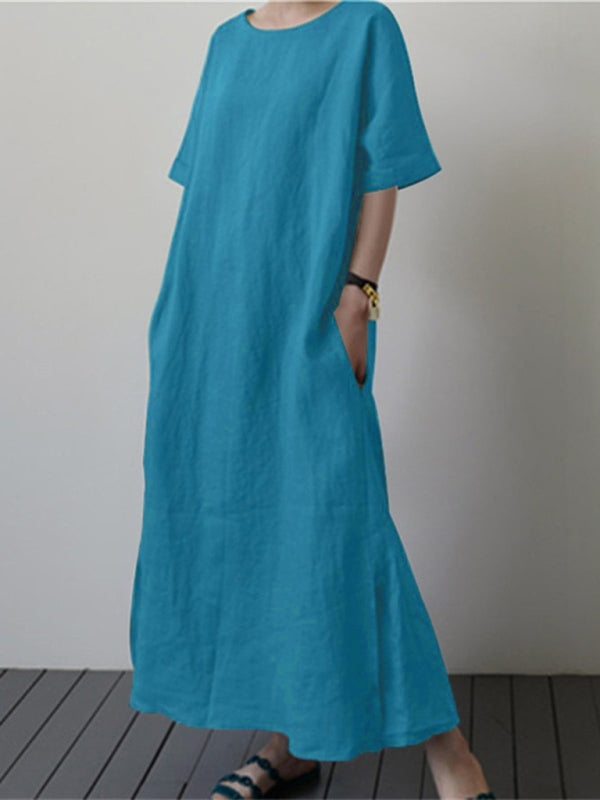 Cotton Linen Belted Midi Dress – Relaxed Fit, Side Slit & Short Sleeves