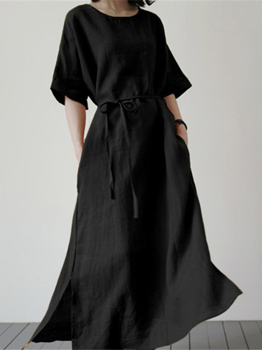 Cotton Linen Belted Midi Dress – Relaxed Fit, Side Slit & Short Sleeves