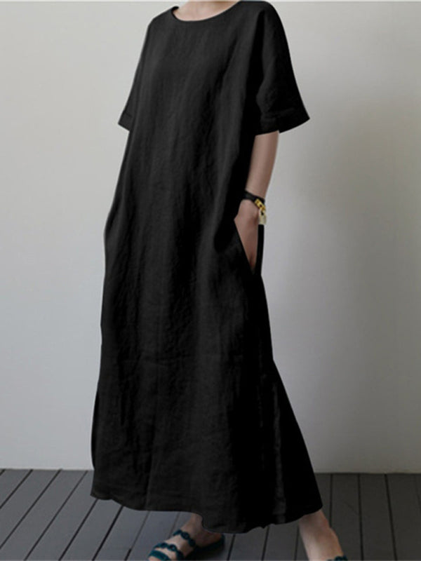 Cotton Linen Belted Midi Dress – Relaxed Fit, Side Slit & Short Sleeves