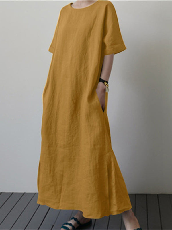 Cotton Linen Belted Midi Dress – Relaxed Fit, Side Slit & Short Sleeves