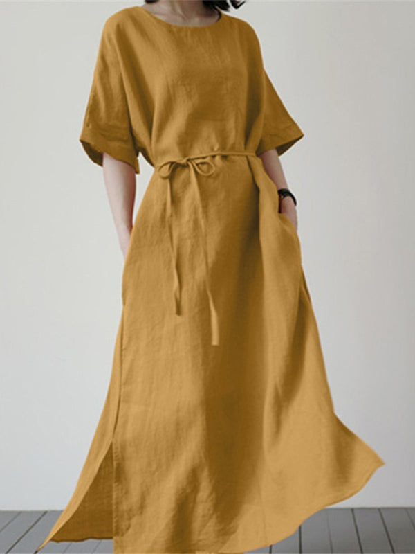 Cotton Linen Belted Midi Dress – Relaxed Fit, Side Slit & Short Sleeves