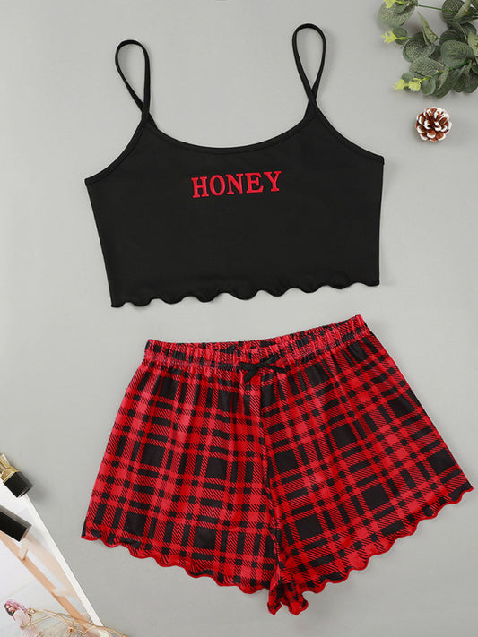 HONEY Letter Print Camisole & Plaid Shorts Lounge Set – Soft & Lightweight Sleepwear