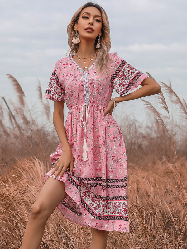 Bohemian V-Neck Short Sleeve Floral Dress – Lightweight & Flowy Fit