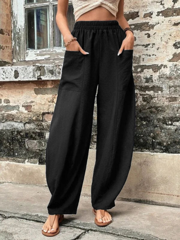 Solid Color Casual Elastic Waist Pants