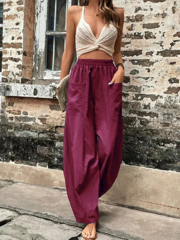 Solid Color Casual Elastic Waist Pants