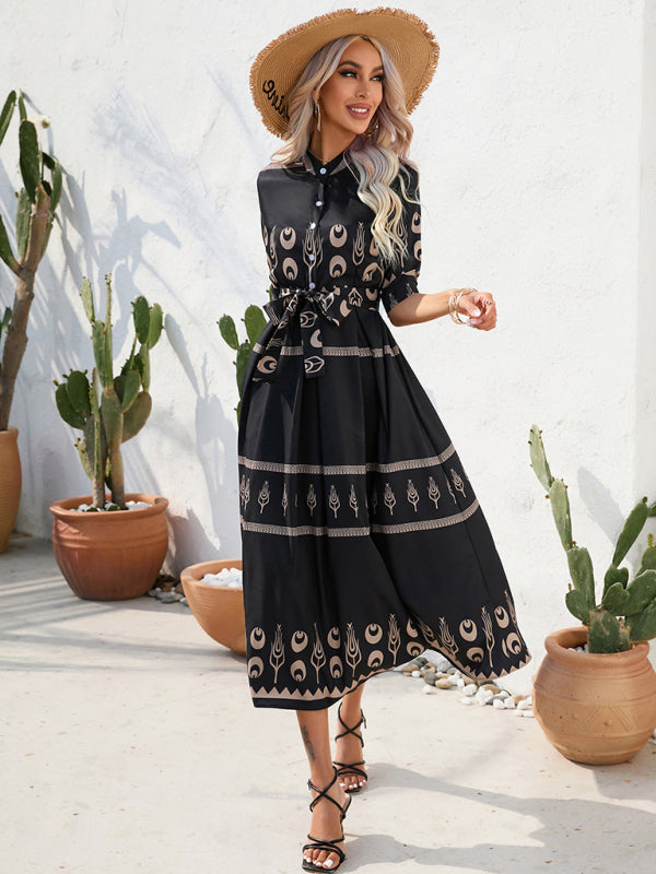Ethnic Printed Half-Sleeve Midi Dress – Lightweight Woven Fabric for Spring & Summer