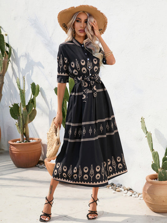 Ethnic Printed Half-Sleeve Midi Dress – Lightweight Woven Fabric for Spring & Summer