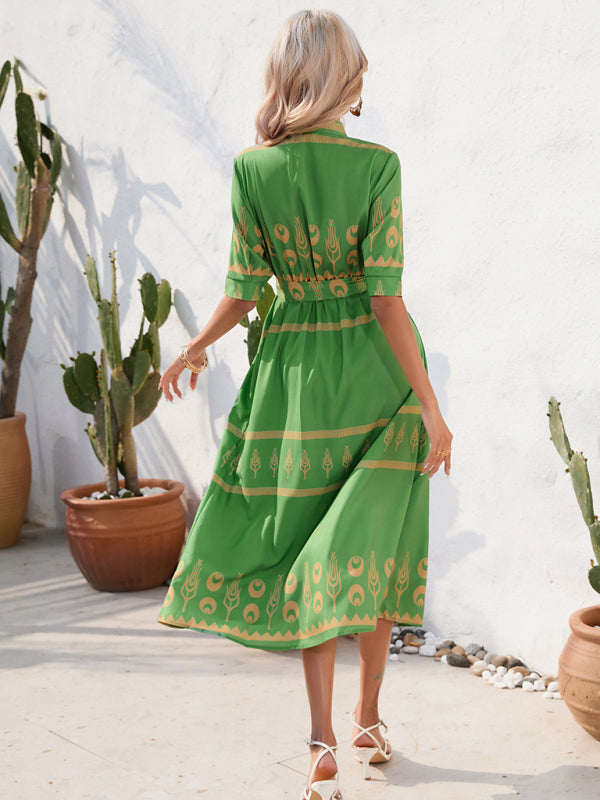 Ethnic Printed Half-Sleeve Midi Dress – Lightweight Woven Fabric for Spring & Summer
