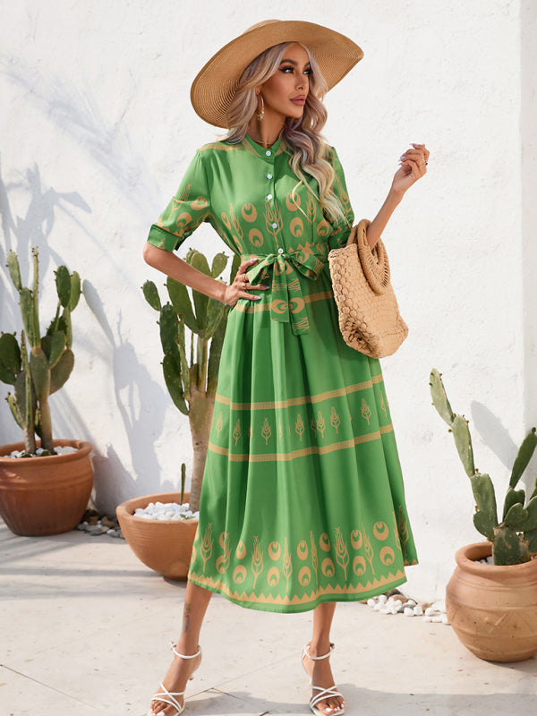Ethnic Printed Half-Sleeve Midi Dress – Lightweight Woven Fabric for Spring & Summer