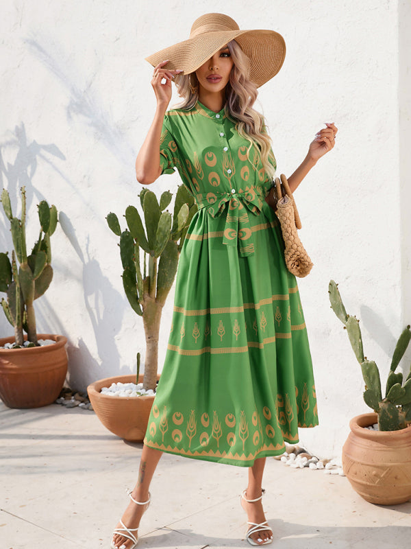 Ethnic Printed Half-Sleeve Midi Dress – Lightweight Woven Fabric for Spring & Summer